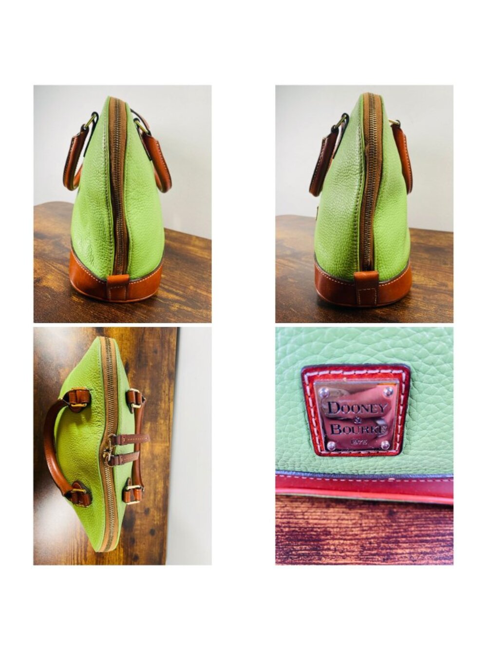 Vintage Dooney & Bourke Zip Zip Satchel Green & Brown Leather Handbag - Picture 3 of 16